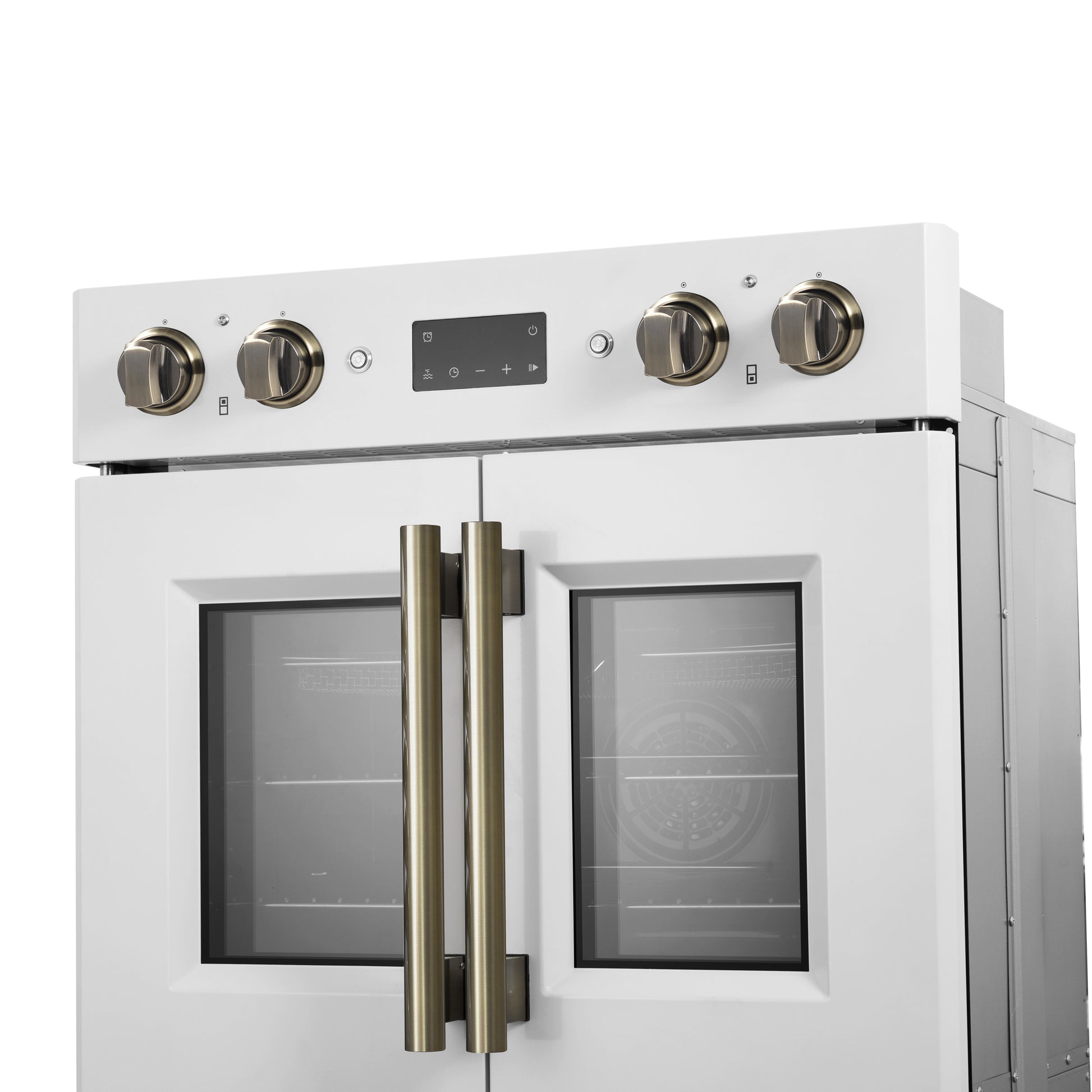 Forno Asti 30-Inch Double Electric Wall Oven with Upper French Doors in White & Antique Brass, 7.36 cu. ft. Dual True Convection, 7,200W, Air Fry, Sous Vide, Self-Clean - Forno Appliances