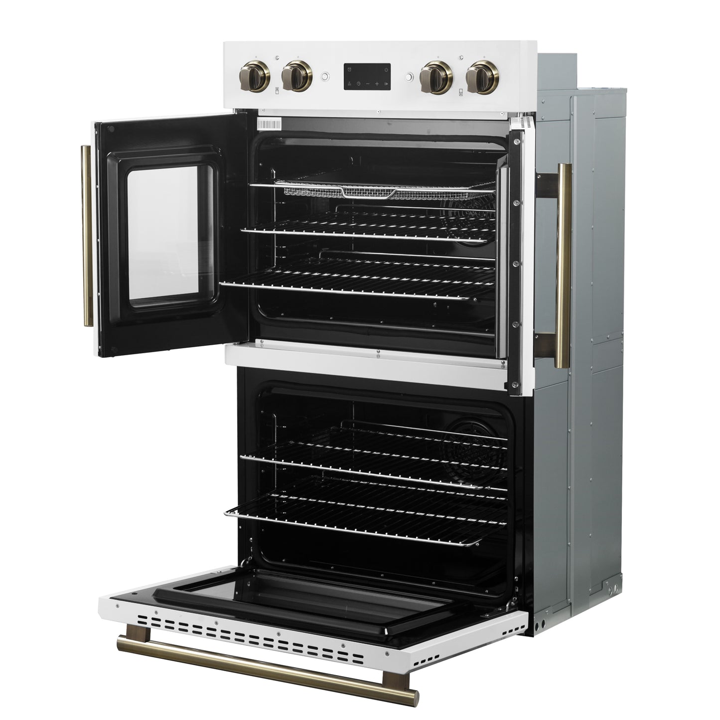 Forno Asti 30-Inch Double Electric Wall Oven with Upper French Doors in White & Antique Brass, 7.36 cu. ft. Dual True Convection, 7,200W, Air Fry, Sous Vide, Self-Clean - Forno Appliances