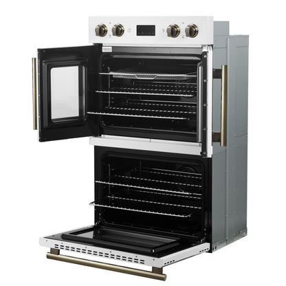 Forno Asti 30-Inch Double Electric Wall Oven with Upper French Doors in White & Antique Brass, 7.36 cu. ft. Dual True Convection, 7,200W, Air Fry, Sous Vide, Self-Clean - Forno Appliances