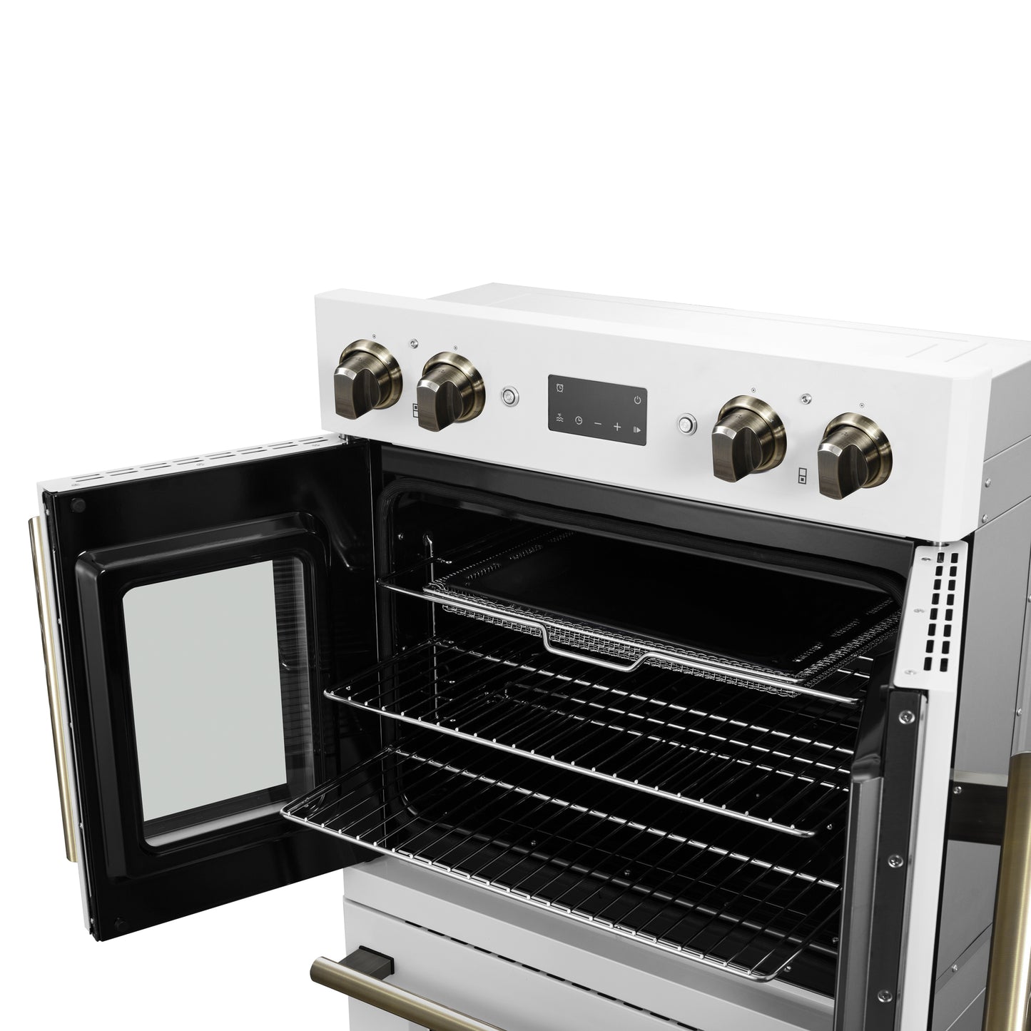 Forno Asti 30-Inch Double Electric Wall Oven with Upper French Doors in White & Antique Brass, 7.36 cu. ft. Dual True Convection, 7,200W, Air Fry, Sous Vide, Self-Clean - Forno Appliances
