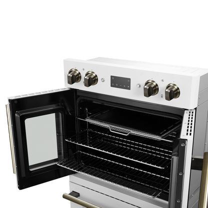 Forno Asti 30-Inch Double Electric Wall Oven with Upper French Doors in White & Antique Brass, 7.36 cu. ft. Dual True Convection, 7,200W, Air Fry, Sous Vide, Self-Clean - Forno Appliances