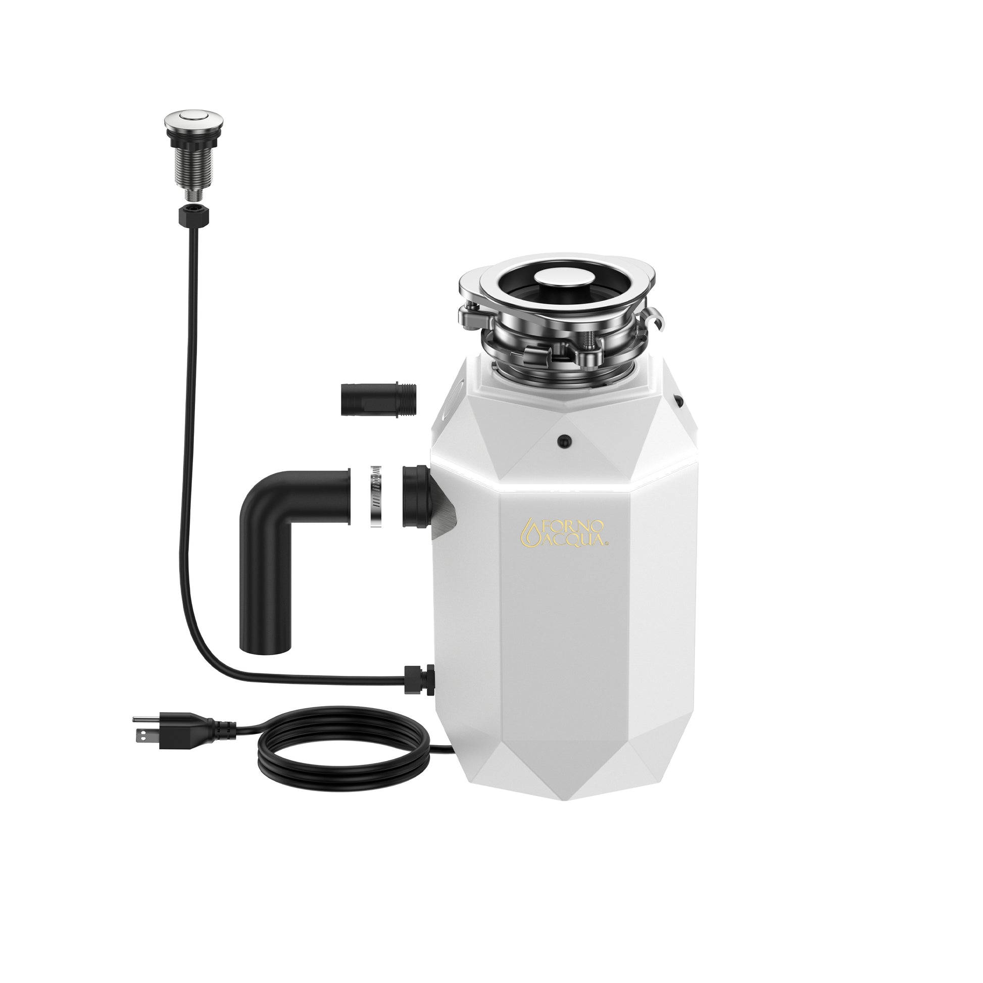 FORNO ACQUA BrightDIAMOND Moonstone 3/4HP Super Quiet Garbage Disposal Corded with Motion Sensor Cabinet Light & Pre-Wired Air Switch - Forno Appliances