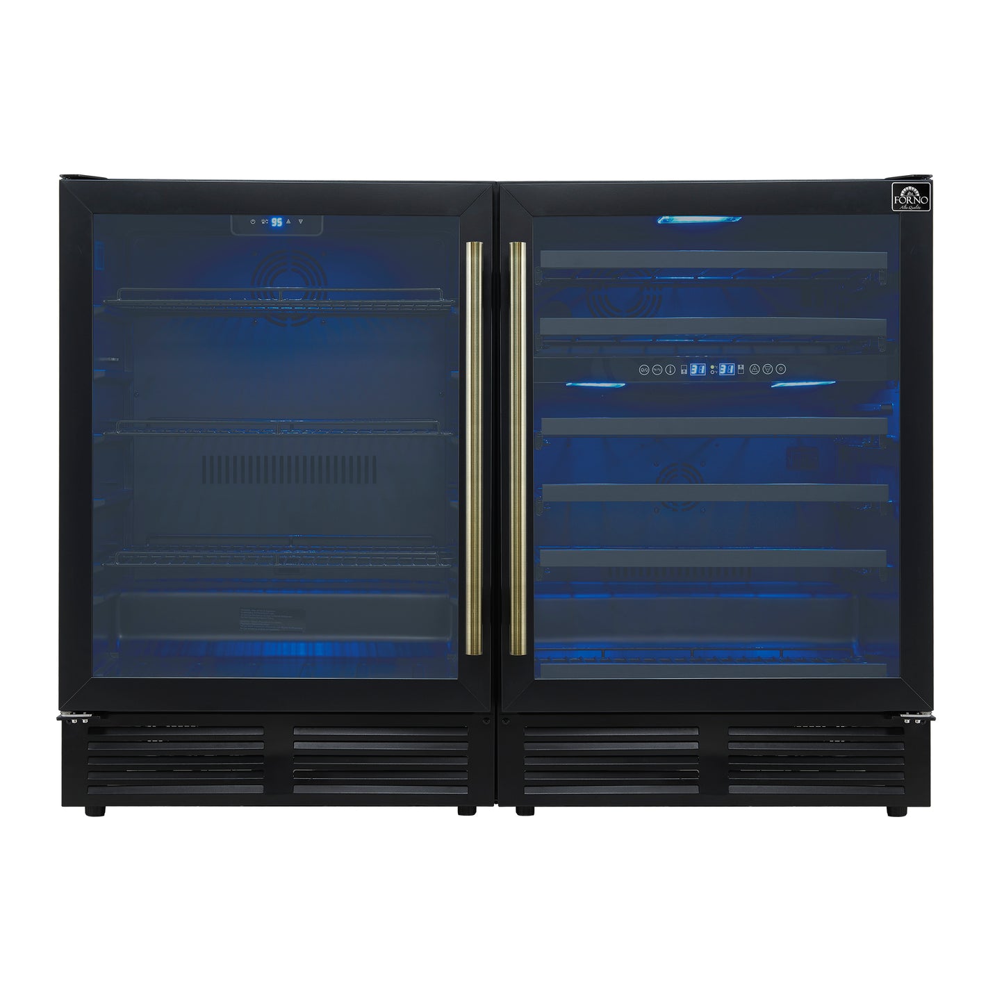 Gemello 48 Inch Side-by-Side Wine and Beverage Cooler in Black with Antique Brass Handles, French Door, 9.6 cu. ft. - Forno Appliances