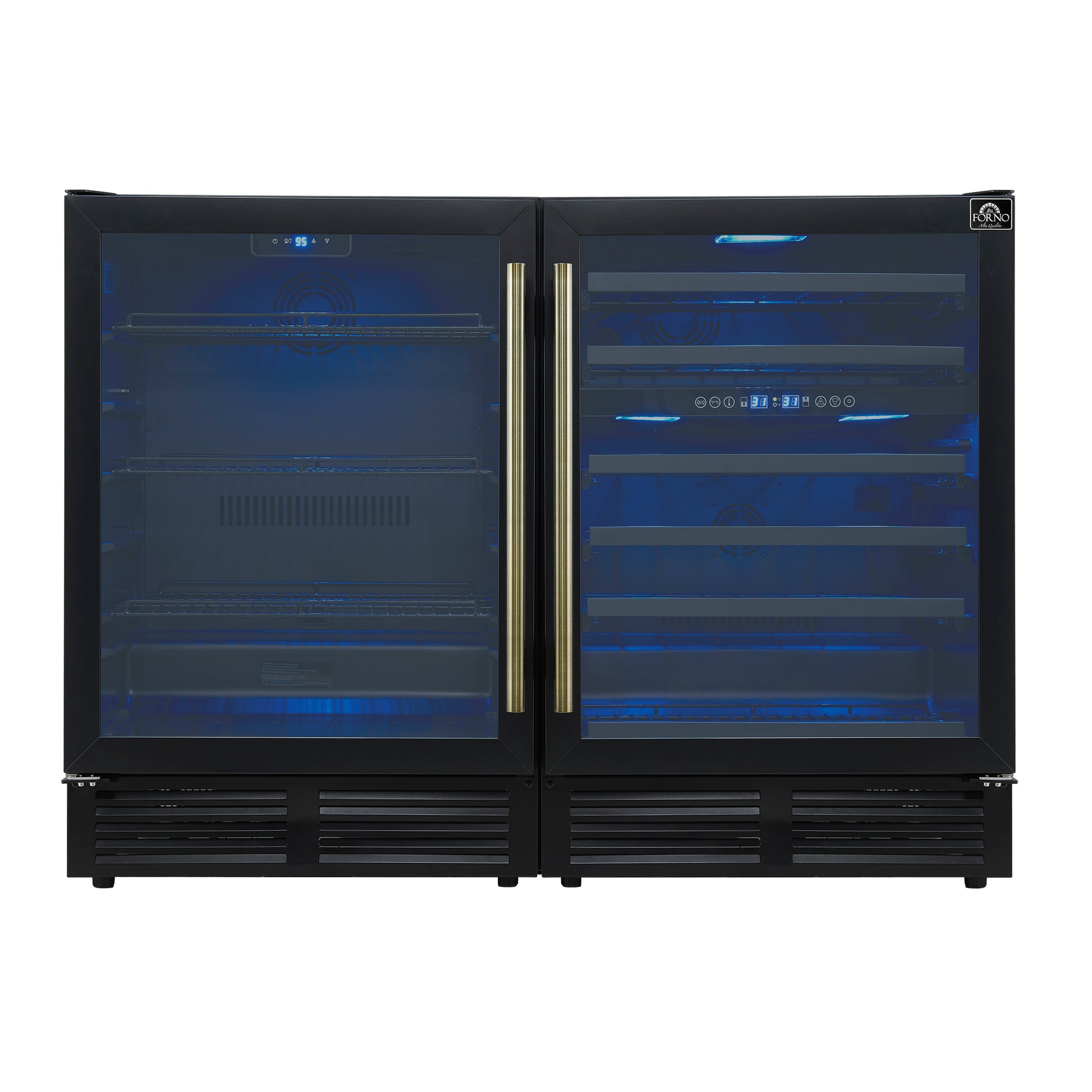 Gemello 48 Inch Side-by-Side Wine and Beverage Cooler in Black with Antique Brass Handles, French Door, 9.6 cu. ft. - Forno Appliances