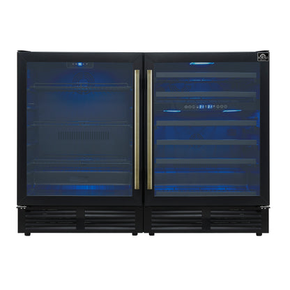 Gemello 48 Inch Side-by-Side Wine and Beverage Cooler in Black with Antique Brass Handles, French Door, 9.6 cu. ft. - Forno Appliances