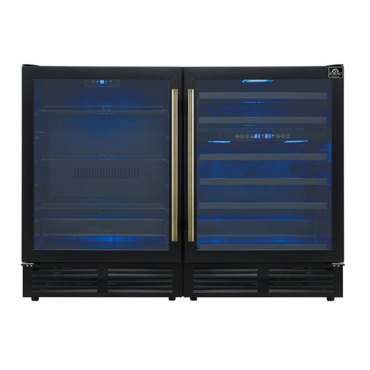 Gemello 48 Inch Side-by-Side Wine and Beverage Cooler in Black with Antique Brass Handles, French Door, 9.6 cu. ft. - Forno Appliances