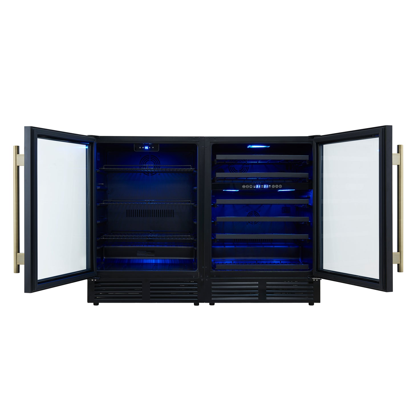 Gemello 48 Inch Side-by-Side Wine and Beverage Cooler in Black with Antique Brass Handles, French Door, 9.6 cu. ft. - Forno Appliances