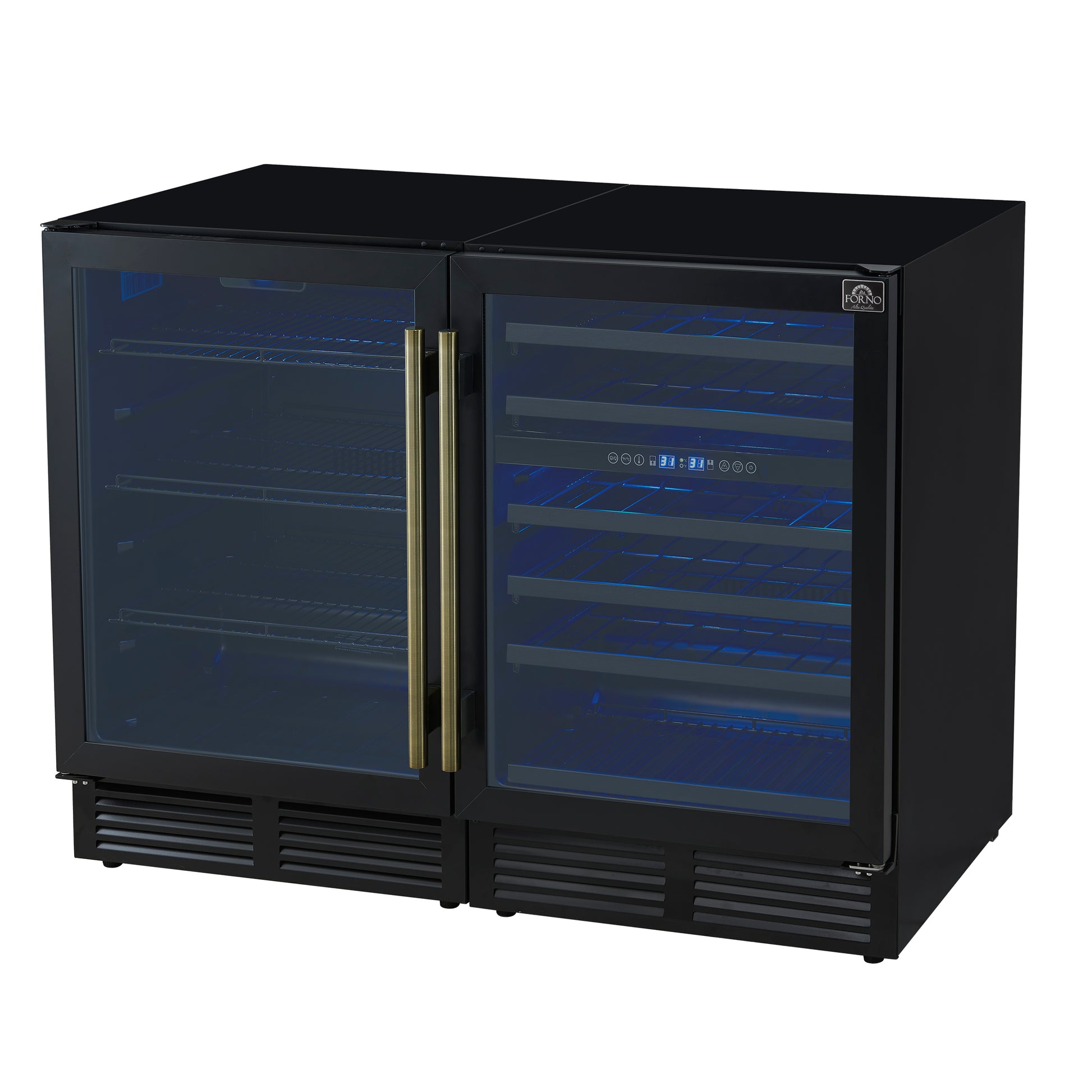 Gemello 48 Inch Side-by-Side Wine and Beverage Cooler in Black with Antique Brass Handles, French Door, 9.6 cu. ft. - Forno Appliances