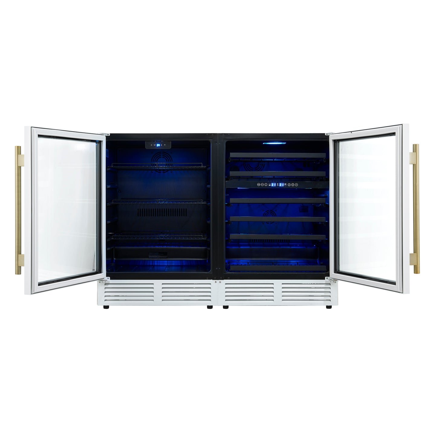 Gemello 48 Inch Side-by-Side Wine and Beverage Cooler in White with Antique Brass Handles, French Door, 9.6 cu. ft. - Forno Appliances