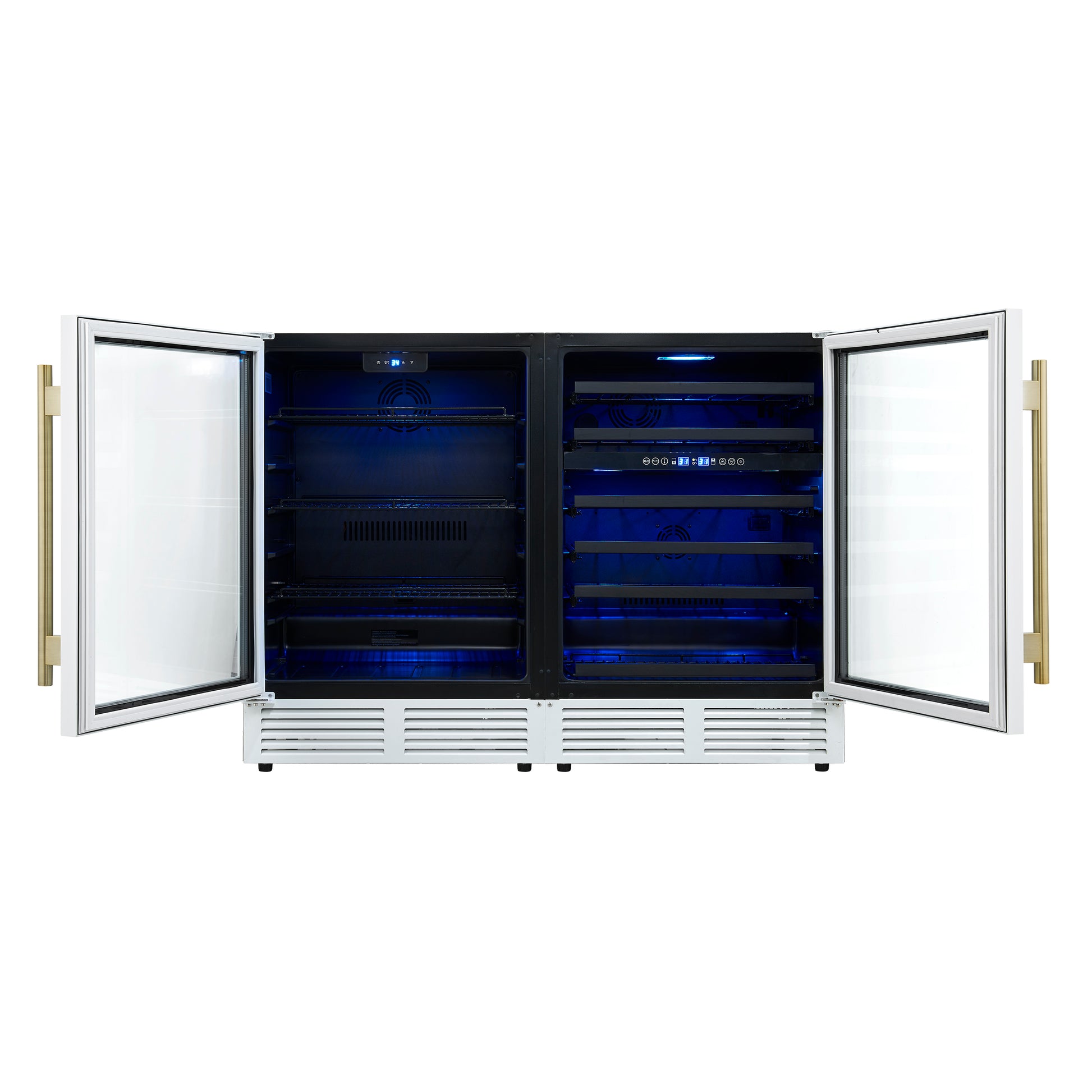 Gemello 48 Inch Side-by-Side Wine and Beverage Cooler in White with Antique Brass Handles, French Door, 9.6 cu. ft. - Forno Appliances