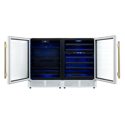 Gemello 48 Inch Side-by-Side Wine and Beverage Cooler in White with Antique Brass Handles, French Door, 9.6 cu. ft. - Forno Appliances