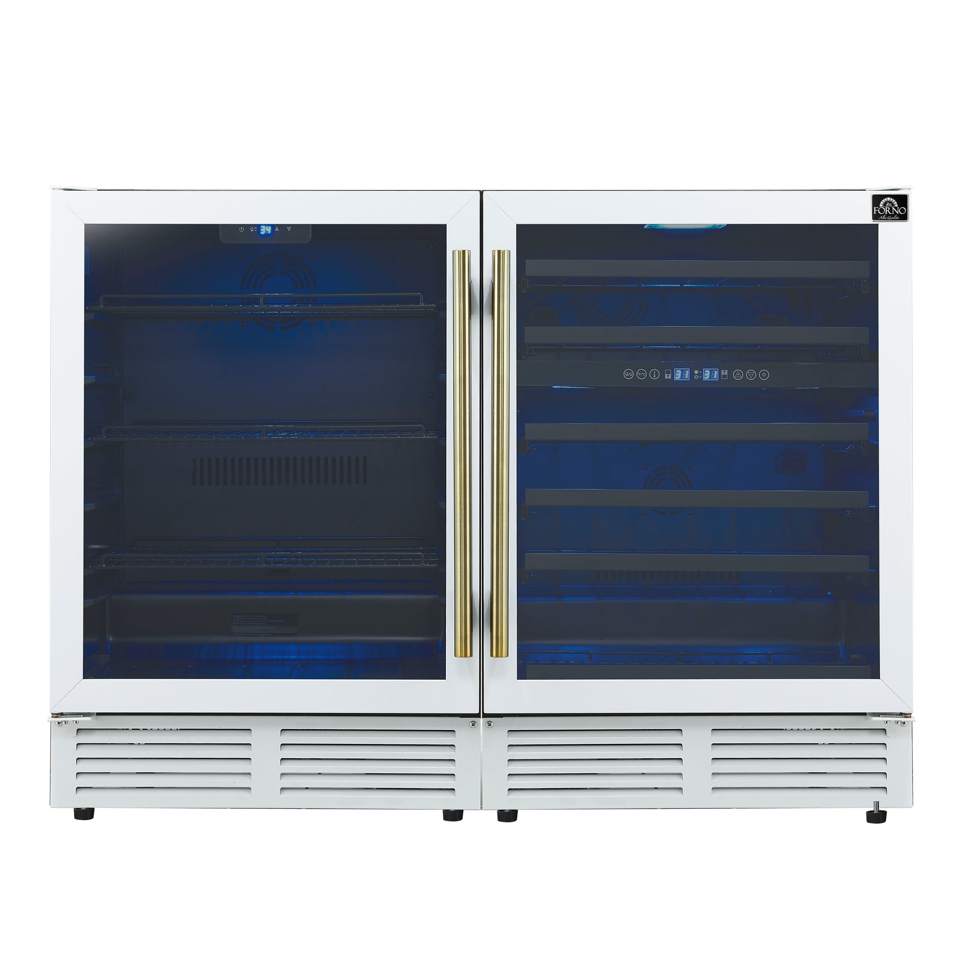 Gemello 48 Inch Side-by-Side Wine and Beverage Cooler in White with Antique Brass Handles, French Door, 9.6 cu. ft. - Forno Appliances