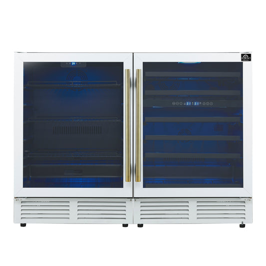 Gemello 48 Inch Side-by-Side Wine and Beverage Cooler in White with Antique Brass Handles, French Door, 9.6 cu. ft. - Forno Appliances