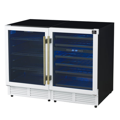 Gemello 48 Inch Side-by-Side Wine and Beverage Cooler in White with Antique Brass Handles, French Door, 9.6 cu. ft. - Forno Appliances
