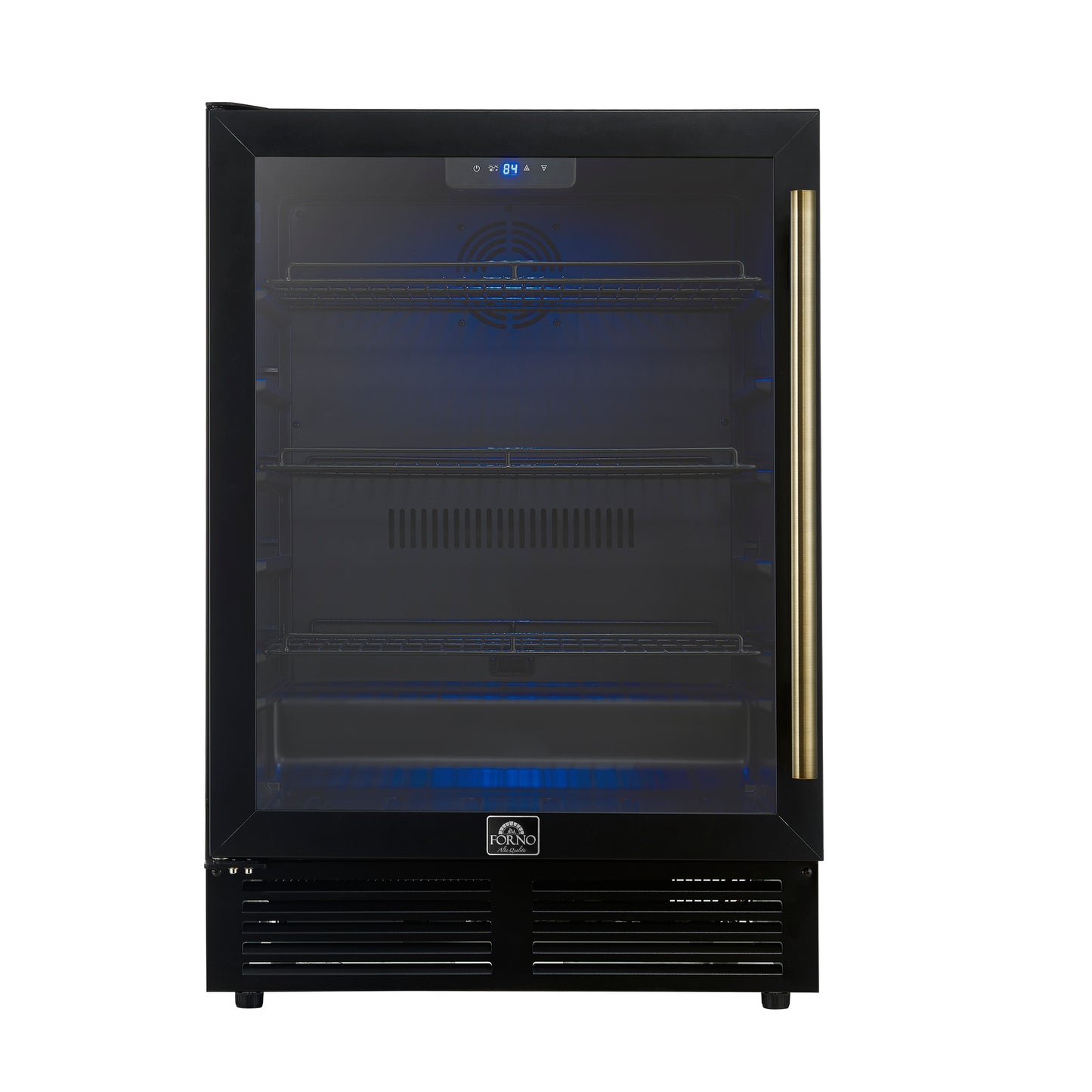 Forno Frescolino 24 Inch Beverage Cooler, Black with Antique Brass Handles, with LED Lighting, Triple Glass Door, 188 Can Capacity, Built-In or Freestanding - Forno Appliances
