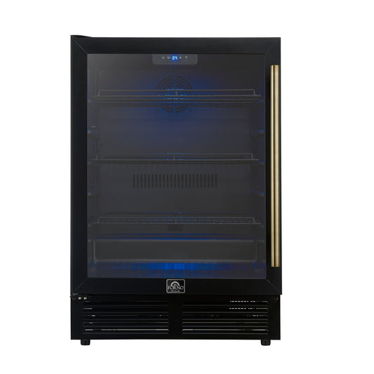 Forno Frescolino 24 Inch Beverage Cooler, Black with Antique Brass Handles, with LED Lighting, Triple Glass Door, 188 Can Capacity, Built-In or Freestanding - Forno Appliances