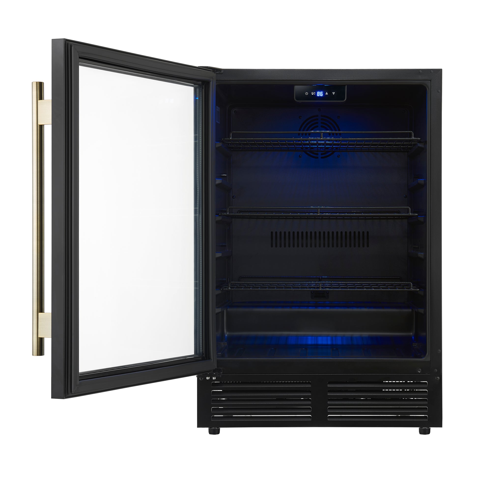 Forno Frescolino 24 Inch Beverage Cooler, Black with Antique Brass Handles, with LED Lighting, Triple Glass Door, 188 Can Capacity, Built-In or Freestanding - Forno Appliances