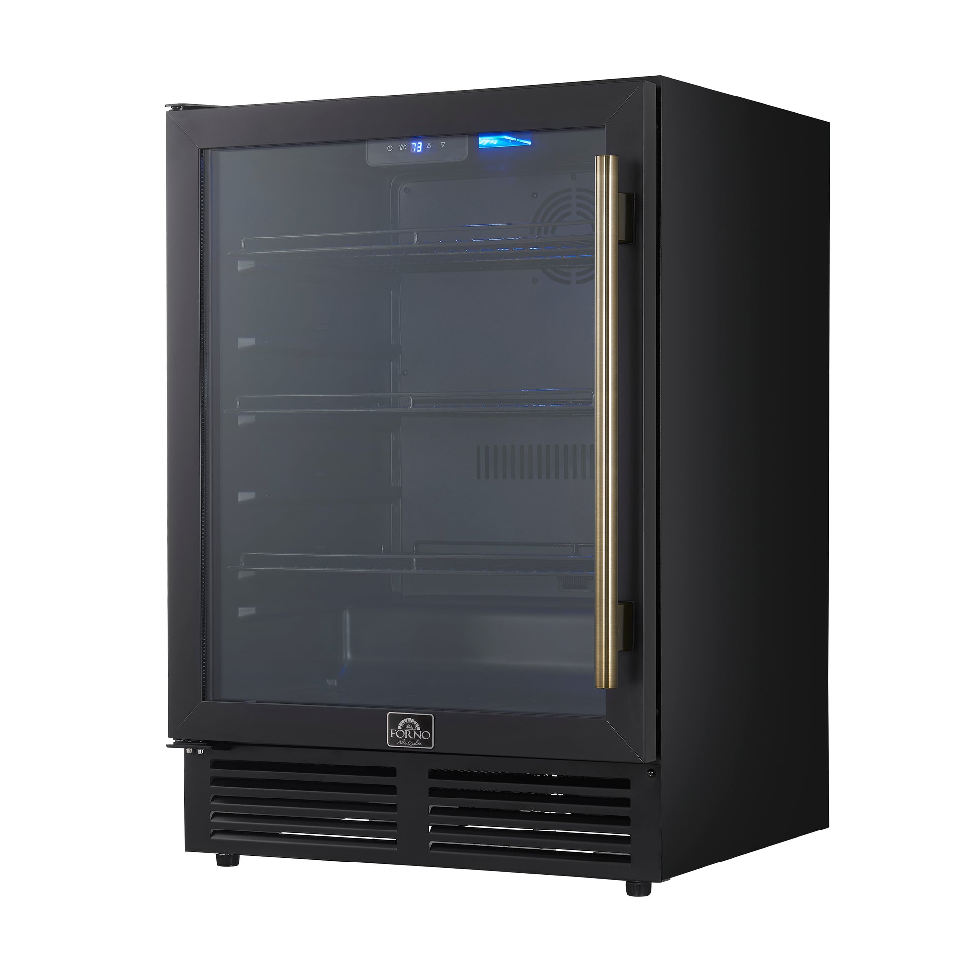 Forno Frescolino 24 Inch Beverage Cooler, Black with Antique Brass Handles, with LED Lighting, Triple Glass Door, 188 Can Capacity, Built-In or Freestanding - Forno Appliances