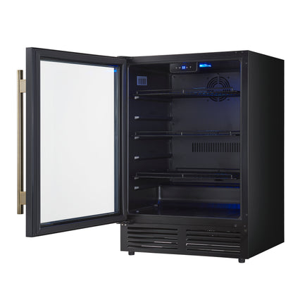Forno Frescolino 24 Inch Beverage Cooler, Black with Antique Brass Handles, with LED Lighting, Triple Glass Door, 188 Can Capacity, Built-In or Freestanding - Forno Appliances