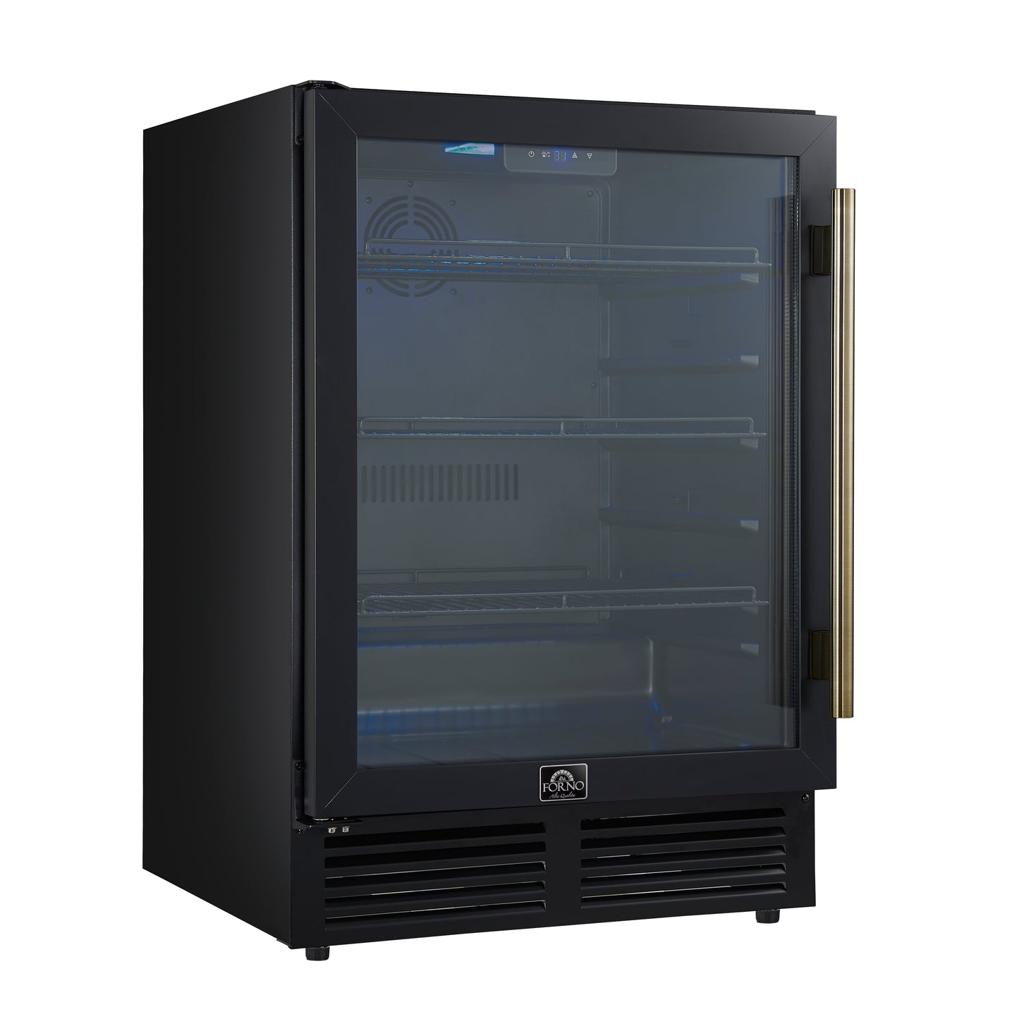 Forno Frescolino 24 Inch Beverage Cooler, Black with Antique Brass Handles, with LED Lighting, Triple Glass Door, 188 Can Capacity, Built-In or Freestanding - Forno Appliances