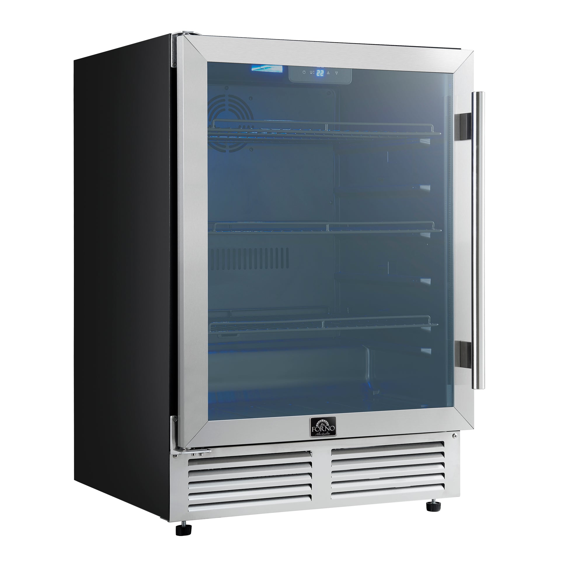 Forno Frescolino 24 Inch Beverage Cooler, Stainless Steel, with LED Lighting, Triple Glass Door, 188 Can Capacity, Built-In or Freestanding - Forno Appliances