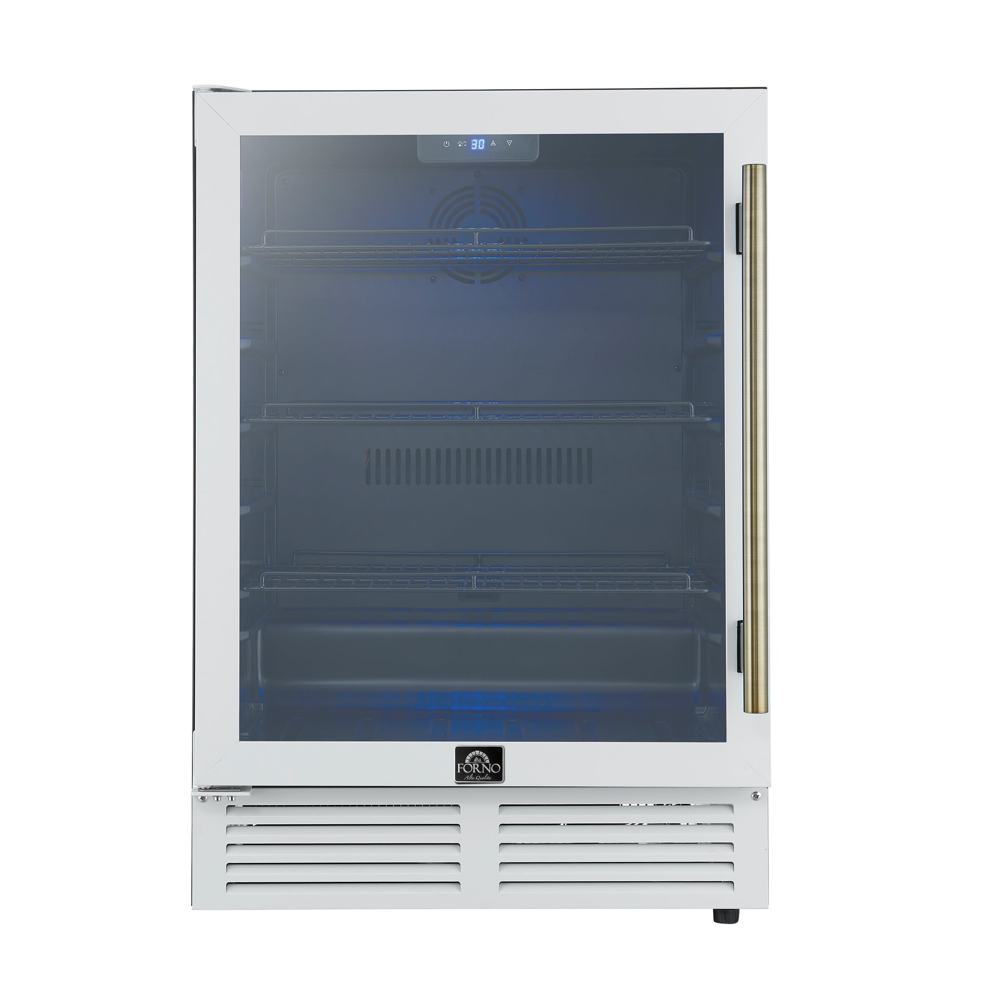 Forno Frescolino 24 Inch Beverage Cooler, White with Antique Brass Handles, with LED Lighting, Triple Glass Door, 188 Can Capacity, Built-In or Freestanding - Forno Appliances