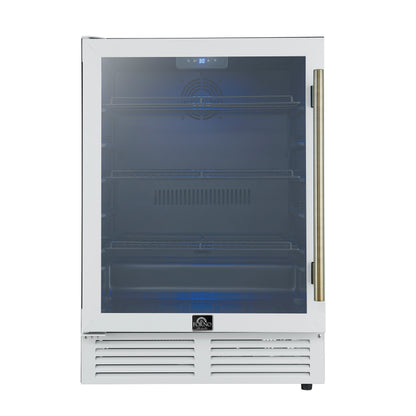 Forno Frescolino 24 Inch Beverage Cooler, White with Antique Brass Handles, with LED Lighting, Triple Glass Door, 188 Can Capacity, Built-In or Freestanding - Forno Appliances