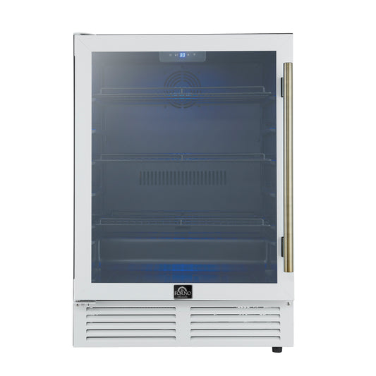 Forno Frescolino 24 Inch Beverage Cooler, White with Antique Brass Handles, with LED Lighting, Triple Glass Door, 188 Can Capacity, Built-In or Freestanding - Forno Appliances