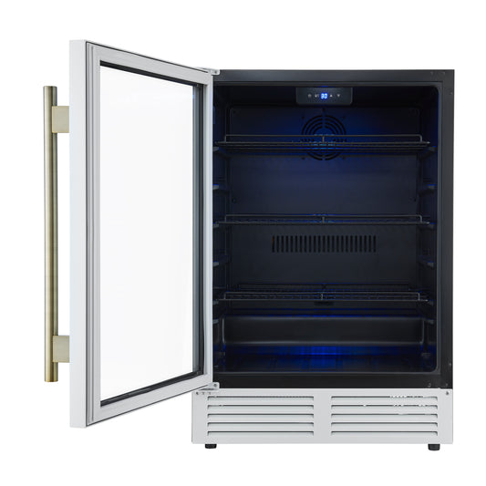 Forno Frescolino 24 Inch Beverage Cooler, White with Antique Brass Handles, with LED Lighting, Triple Glass Door, 188 Can Capacity, Built-In or Freestanding - Forno Appliances