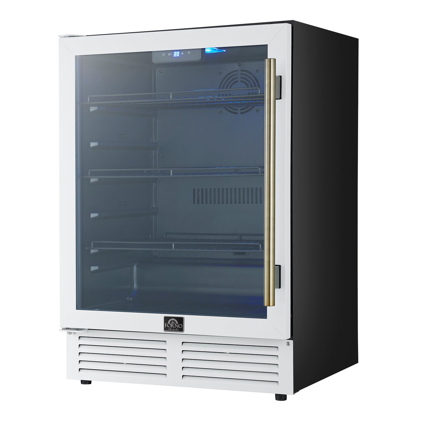 Forno Frescolino 24 Inch Beverage Cooler, White with Antique Brass Handles, with LED Lighting, Triple Glass Door, 188 Can Capacity, Built-In or Freestanding - Forno Appliances