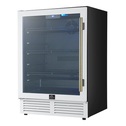 Forno Frescolino 24 Inch Beverage Cooler, White with Antique Brass Handles, with LED Lighting, Triple Glass Door, 188 Can Capacity, Built-In or Freestanding - Forno Appliances
