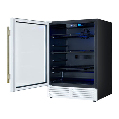 Forno Frescolino 24 Inch Beverage Cooler, White with Antique Brass Handles, with LED Lighting, Triple Glass Door, 188 Can Capacity, Built-In or Freestanding - Forno Appliances