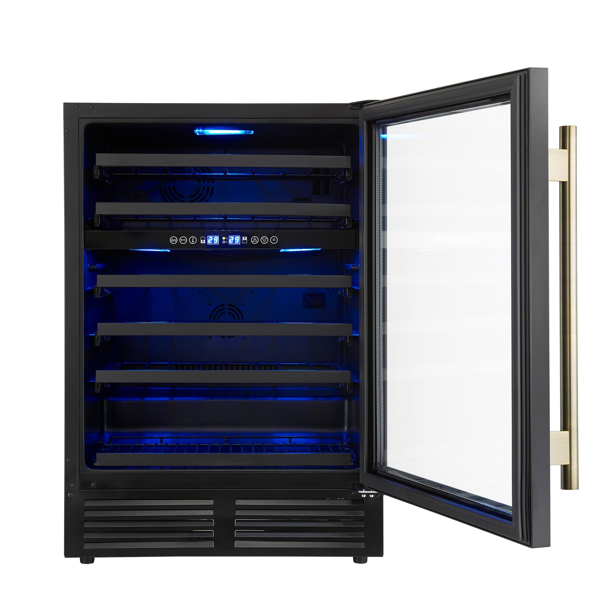 Forno Bacchino 24 Inch Wine Cooler, Black with Antique Brass Handles, with LED Lighting, Triple Glass Door, 51 Bottle Capacity, Built-In or Freestanding - Forno Appliances