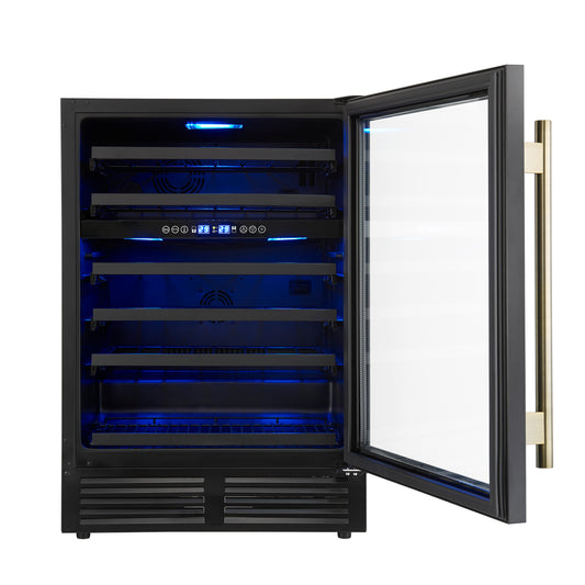 Forno Bacchino 24 Inch Wine Cooler, Black with Antique Brass Handles, with LED Lighting, Triple Glass Door, 51 Bottle Capacity, Built-In or Freestanding - Forno Appliances
