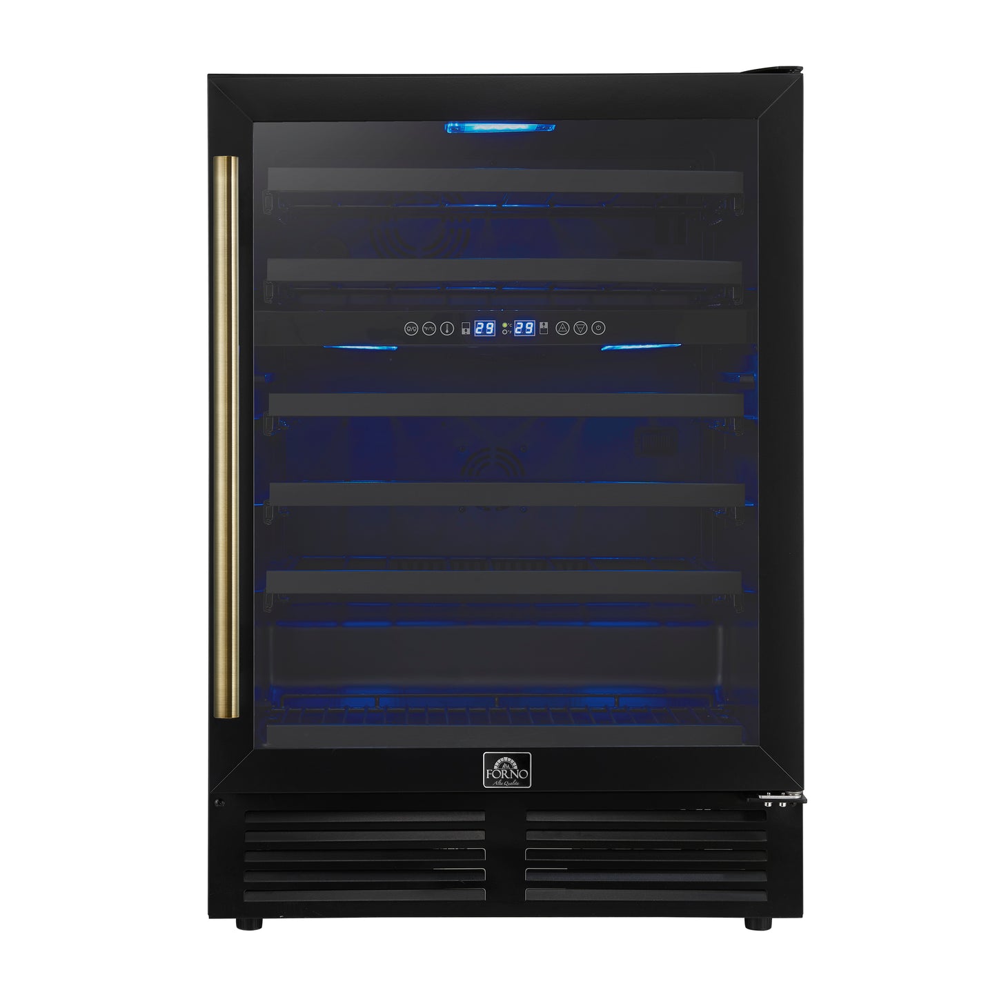 Forno Bacchino 24 Inch Wine Cooler, Black with Antique Brass Handles, with LED Lighting, Triple Glass Door, 51 Bottle Capacity, Built-In or Freestanding - Forno Appliances