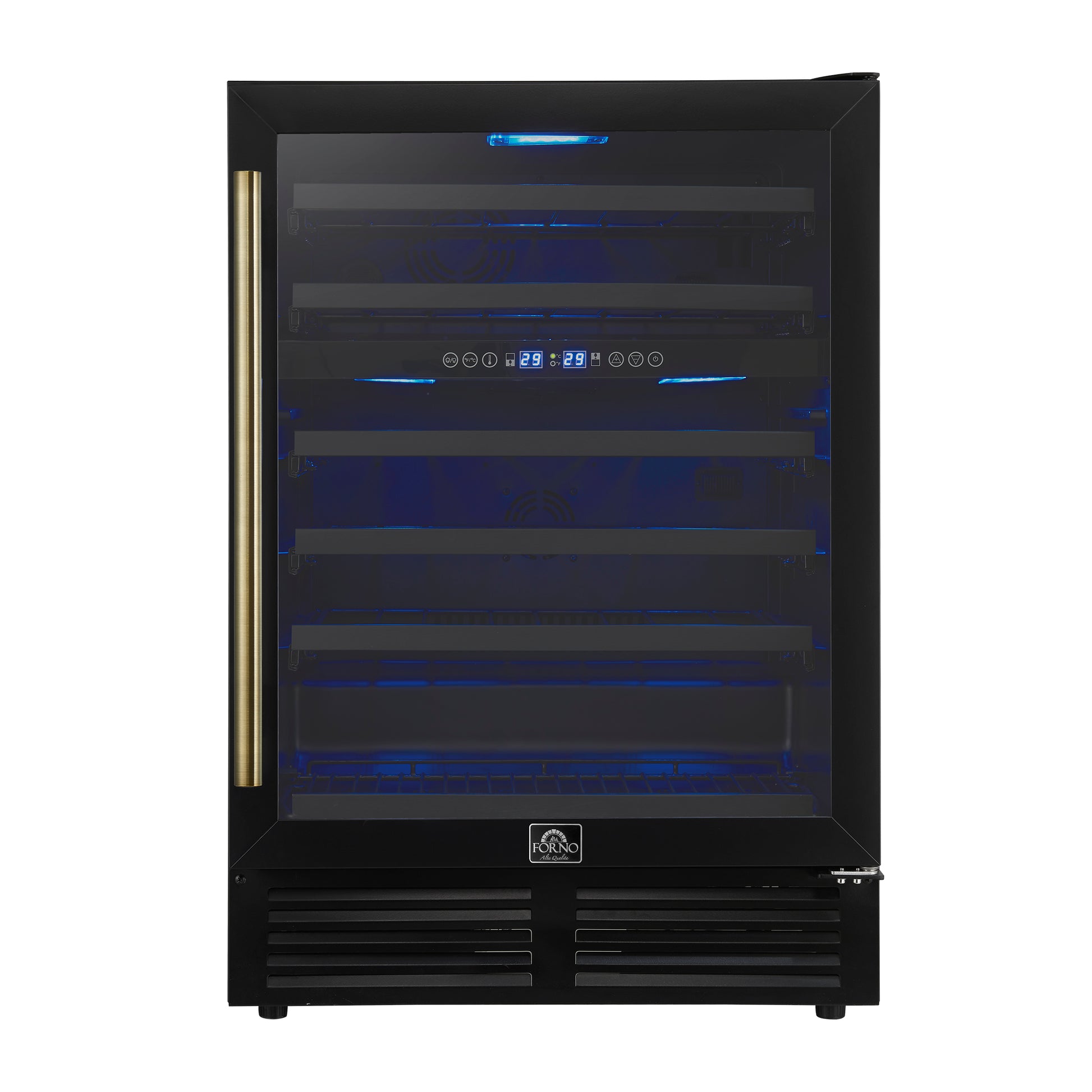 Forno Bacchino 24 Inch Wine Cooler, Black with Antique Brass Handles, with LED Lighting, Triple Glass Door, 51 Bottle Capacity, Built-In or Freestanding - Forno Appliances