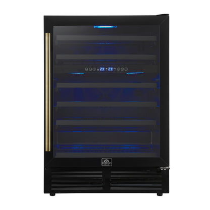 Forno Bacchino 24 Inch Wine Cooler, Black with Antique Brass Handles, with LED Lighting, Triple Glass Door, 51 Bottle Capacity, Built-In or Freestanding - Forno Appliances