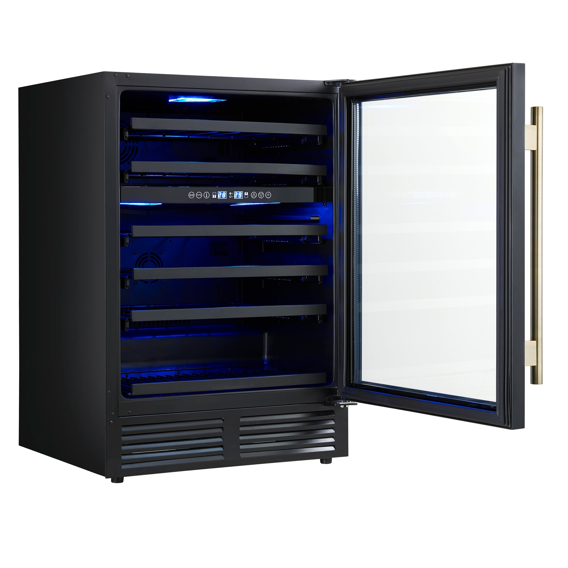 Forno Bacchino 24 Inch Wine Cooler, Black with Antique Brass Handles, with LED Lighting, Triple Glass Door, 51 Bottle Capacity, Built-In or Freestanding - Forno Appliances