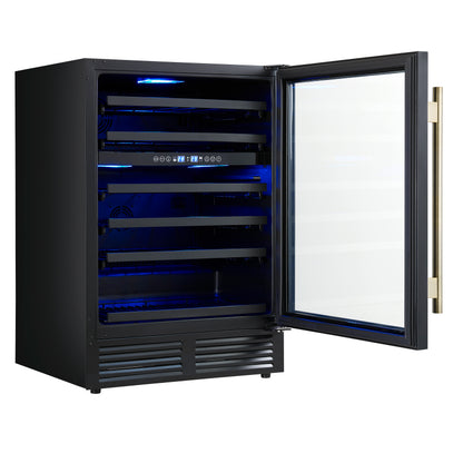 Forno Bacchino 24 Inch Wine Cooler, Black with Antique Brass Handles, with LED Lighting, Triple Glass Door, 51 Bottle Capacity, Built-In or Freestanding - Forno Appliances
