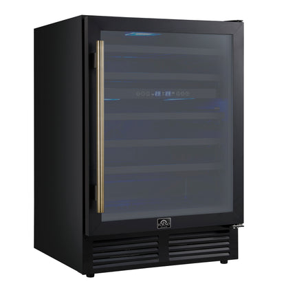 Forno Bacchino 24 Inch Wine Cooler, Black with Antique Brass Handles, with LED Lighting, Triple Glass Door, 51 Bottle Capacity, Built-In or Freestanding - Forno Appliances
