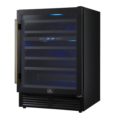 Forno Bacchino 24 Inch Wine Cooler, Black with Antique Brass Handles, with LED Lighting, Triple Glass Door, 51 Bottle Capacity, Built-In or Freestanding - Forno Appliances
