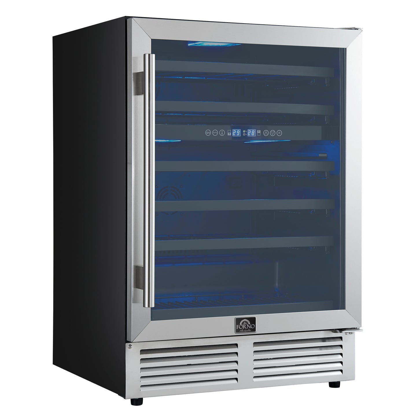 Forno Bacchino 24 Inch Wine Cooler, Stainless Steel, with LED Lighting, Triple Glass Door, 51 Bottle Capacity, Built-In or Freestanding - Forno Appliances