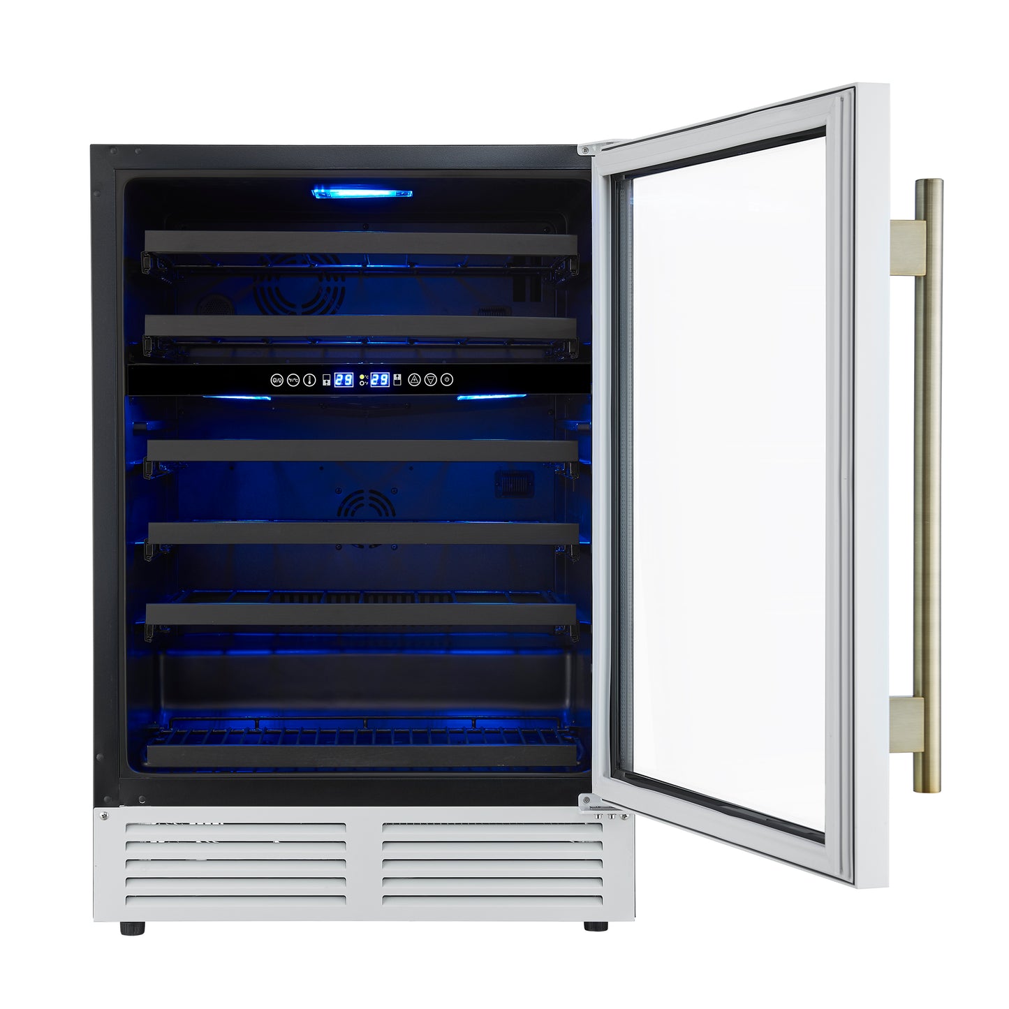 Forno Bacchino 24 Inch Wine Cooler, White with Antique Brass Handles, with LED Lighting, Triple Glass Door, 51 Bottle Capacity, Built-In or Freestanding - Forno Appliances