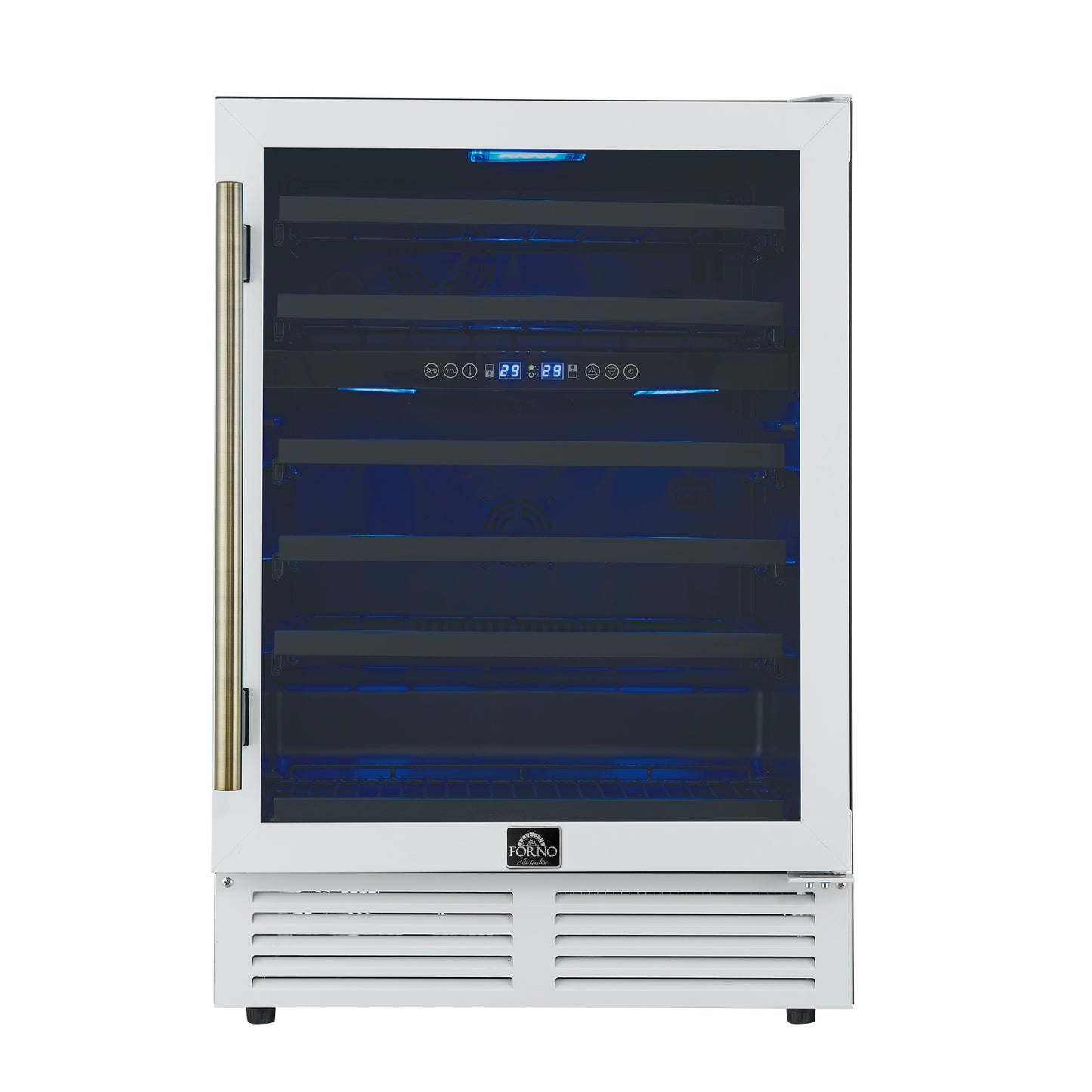 Forno Bacchino 24 Inch Wine Cooler, White with Antique Brass Handles, with LED Lighting, Triple Glass Door, 51 Bottle Capacity, Built-In or Freestanding - Forno Appliances