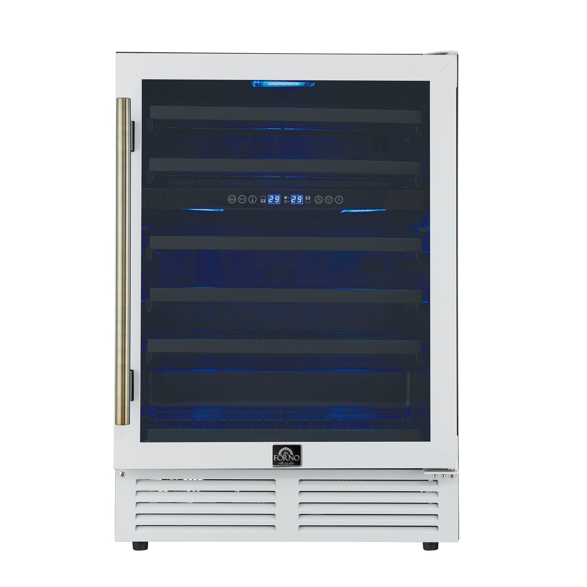 Forno Bacchino 24 Inch Wine Cooler, White with Antique Brass Handles, with LED Lighting, Triple Glass Door, 51 Bottle Capacity, Built-In or Freestanding - Forno Appliances