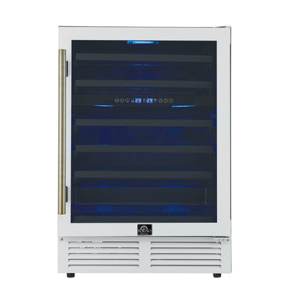 Forno Bacchino 24 Inch Wine Cooler, White with Antique Brass Handles, with LED Lighting, Triple Glass Door, 51 Bottle Capacity, Built-In or Freestanding - Forno Appliances