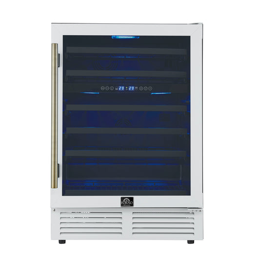 Forno Bacchino 24 Inch Wine Cooler, White with Antique Brass Handles, with LED Lighting, Triple Glass Door, 51 Bottle Capacity, Built-In or Freestanding - Forno Appliances