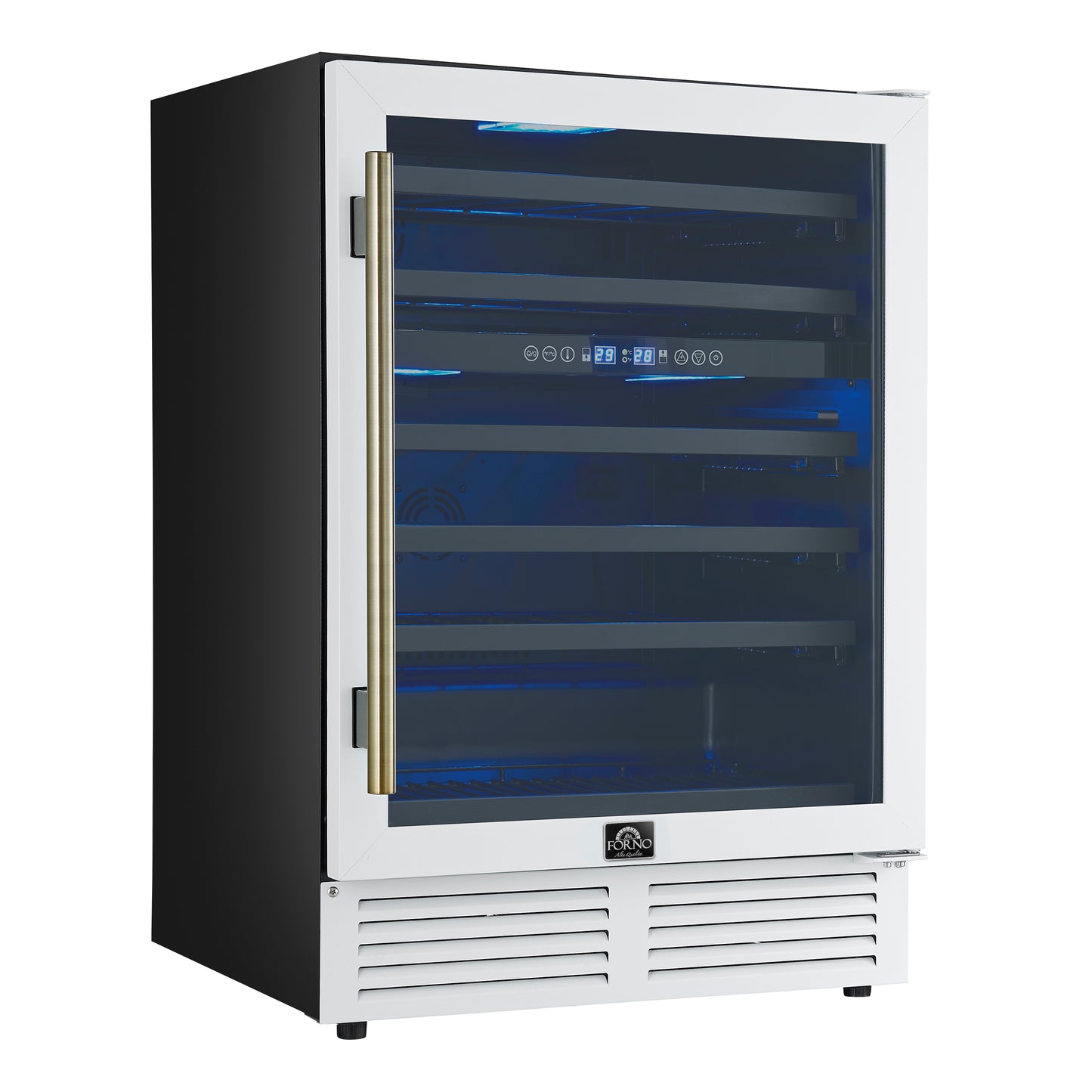 Forno Bacchino 24 Inch Wine Cooler, White with Antique Brass Handles, with LED Lighting, Triple Glass Door, 51 Bottle Capacity, Built-In or Freestanding - Forno Appliances