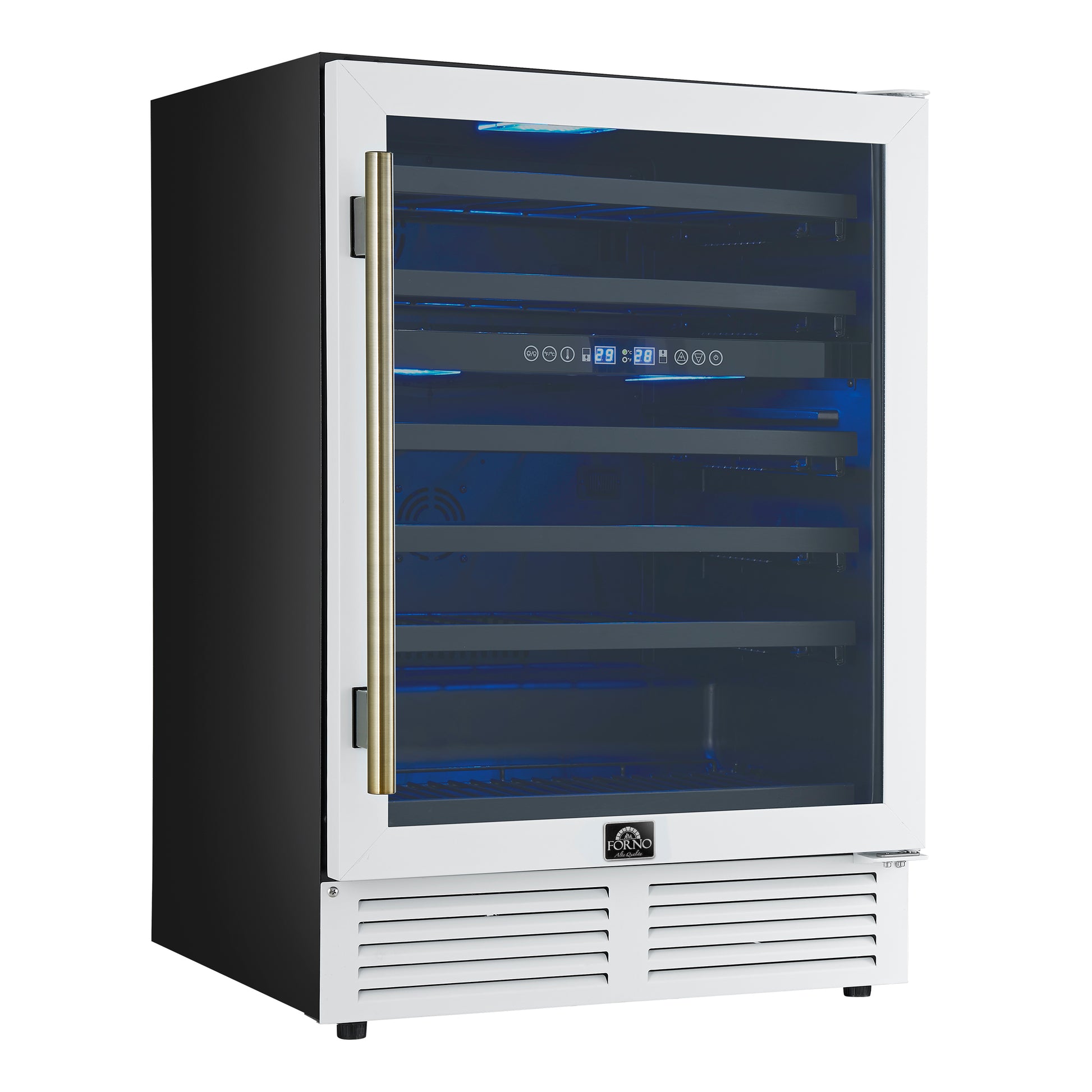 Forno Bacchino 24 Inch Wine Cooler, White with Antique Brass Handles, with LED Lighting, Triple Glass Door, 51 Bottle Capacity, Built-In or Freestanding - Forno Appliances