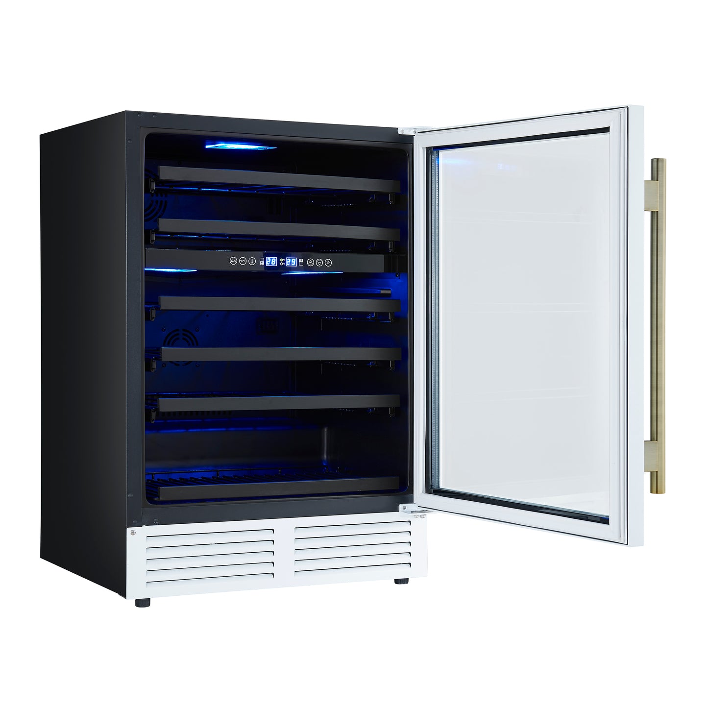 Forno Bacchino 24 Inch Wine Cooler, White with Antique Brass Handles, with LED Lighting, Triple Glass Door, 51 Bottle Capacity, Built-In or Freestanding - Forno Appliances